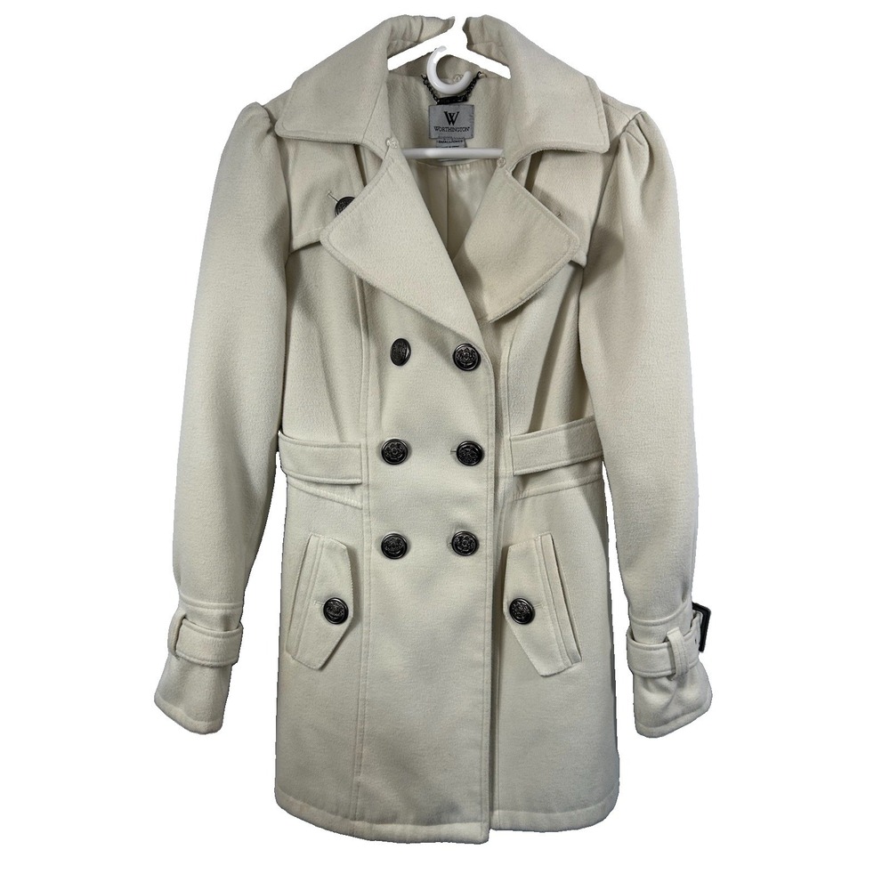Worthington Ivory Cream Double Breasted Pea Coat Women's Small Belted Military
